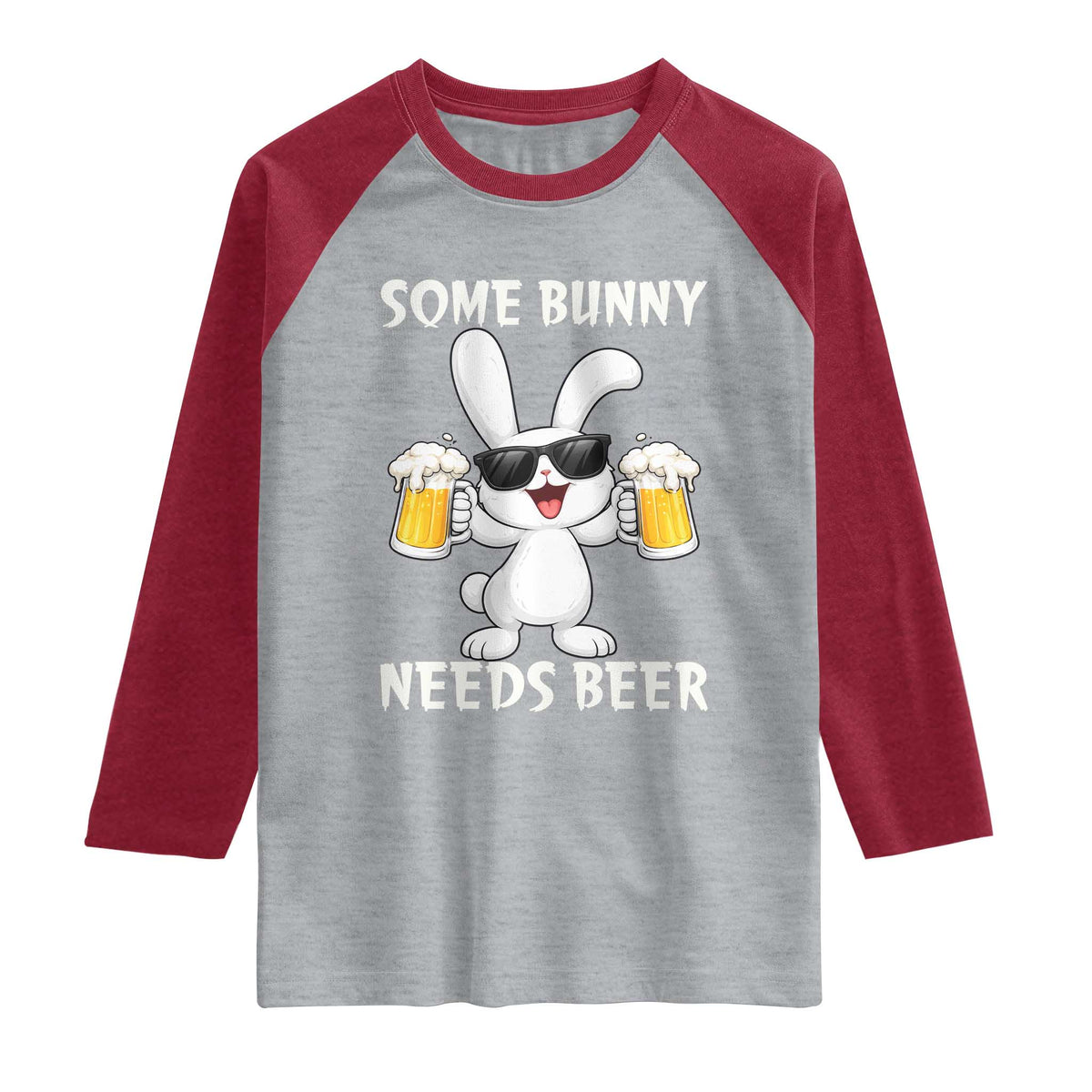 Funny Easter Bunny Drinking Beer Raglan Shirt Some Bunny Needs Beer TS14 Heather Gray Heather Red Print Your Wear