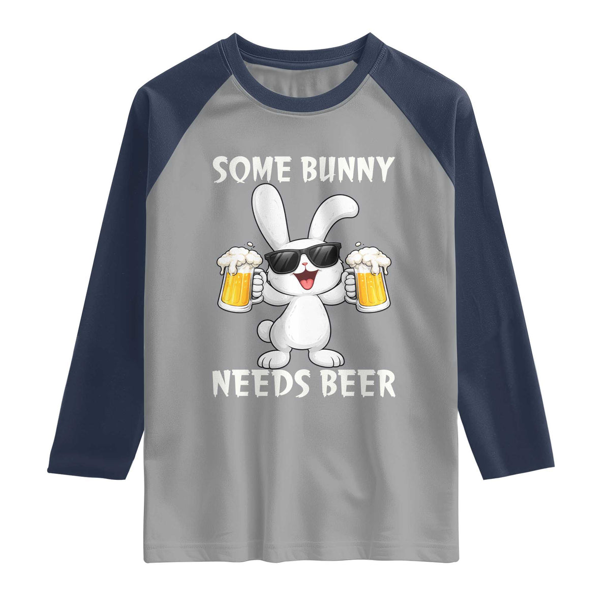 Funny Easter Bunny Drinking Beer Raglan Shirt Some Bunny Needs Beer TS14 Sport Gray Navy Print Your Wear