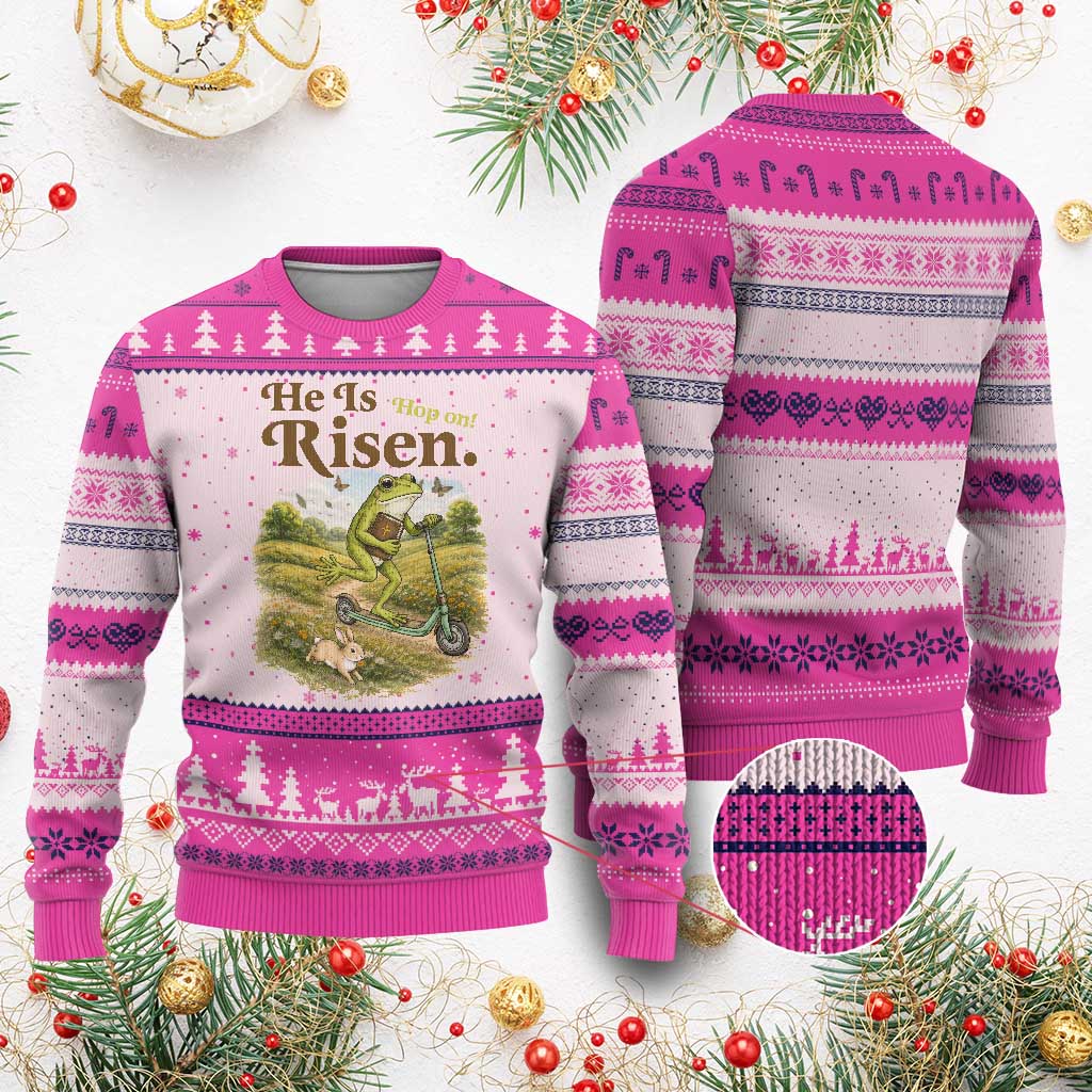 He Is Risen Hop On Ugly Christmas Sweater Christian Easter Frog TS14 Hot Pink Print Your Wear