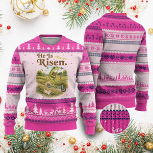 He Is Risen Hop On Ugly Christmas Sweater Christian Easter Frog TS14 Hot Pink Print Your Wear