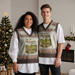 He Is Risen Hop On V-Neck Knit Sweater Vest Christian Easter Frog TS14 Mocha Mousse Print Your Wear