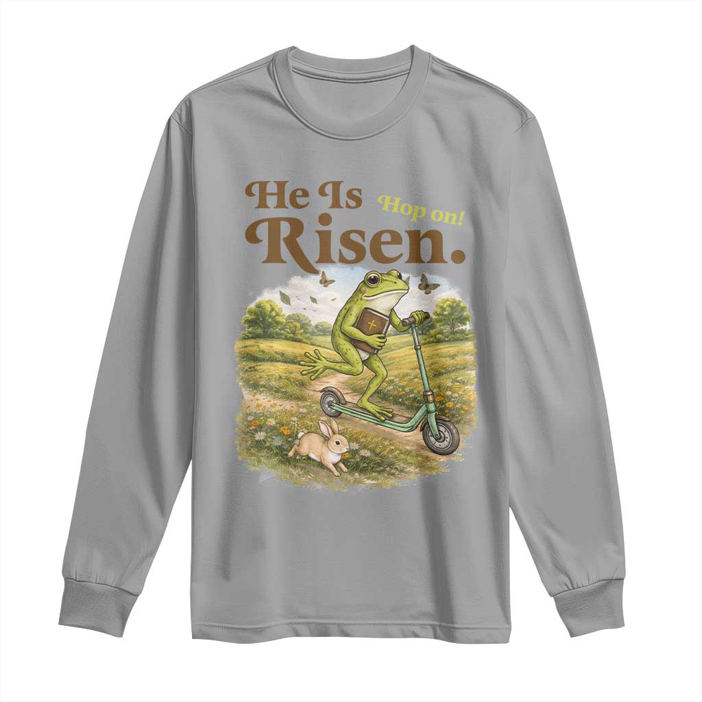 He Is Risen Hop On Long Sleeve Shirt Christian Easter Frog TS14 Sport Gray Print Your Wear