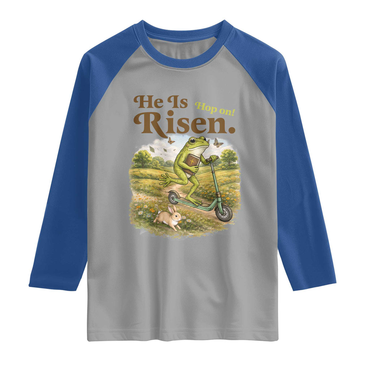 He Is Risen Hop On Raglan Shirt Christian Easter Frog TS14 Sport Gray Royal Print Your Wear