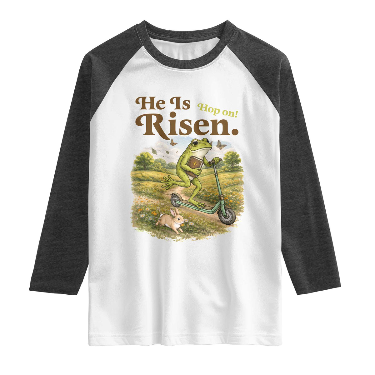 He Is Risen Hop On Raglan Shirt Christian Easter Frog TS14 White Heather Charcoal Print Your Wear