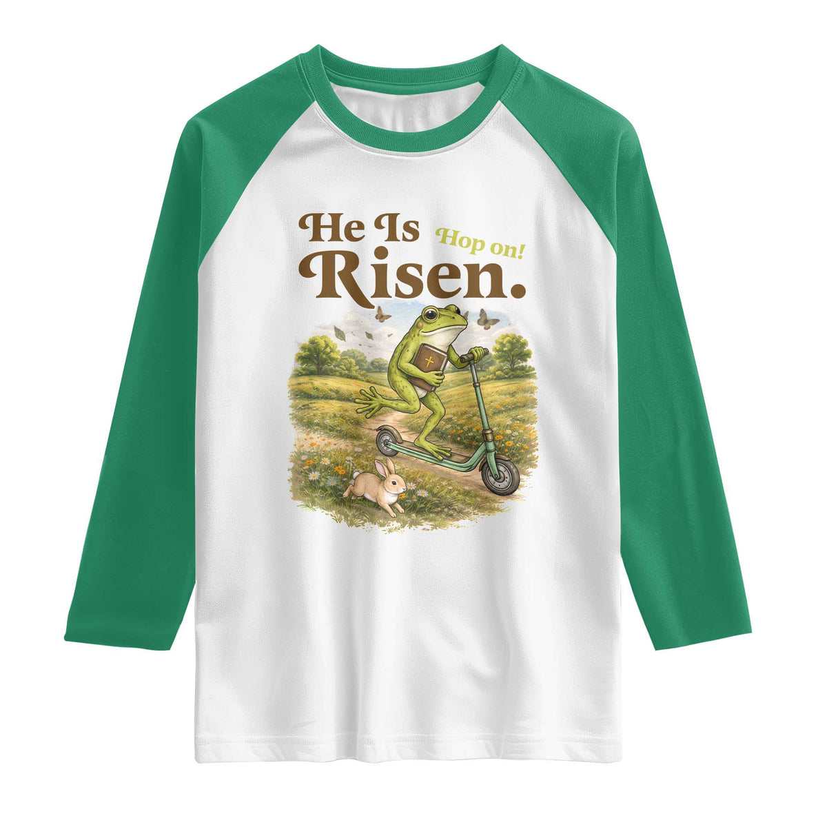 He Is Risen Hop On Raglan Shirt Christian Easter Frog TS14 White Kelly Green Print Your Wear