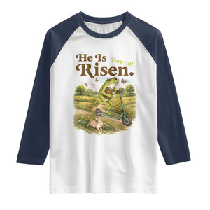 He Is Risen Hop On Raglan Shirt Christian Easter Frog TS14 White Navy Print Your Wear