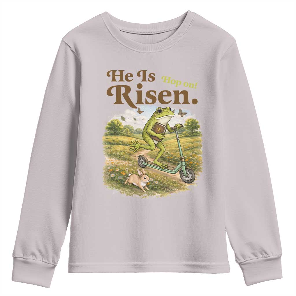 He Is Risen Hop On Youth Sweatshirt Christian Easter Frog TS14 Ice Gray Print Your Wear