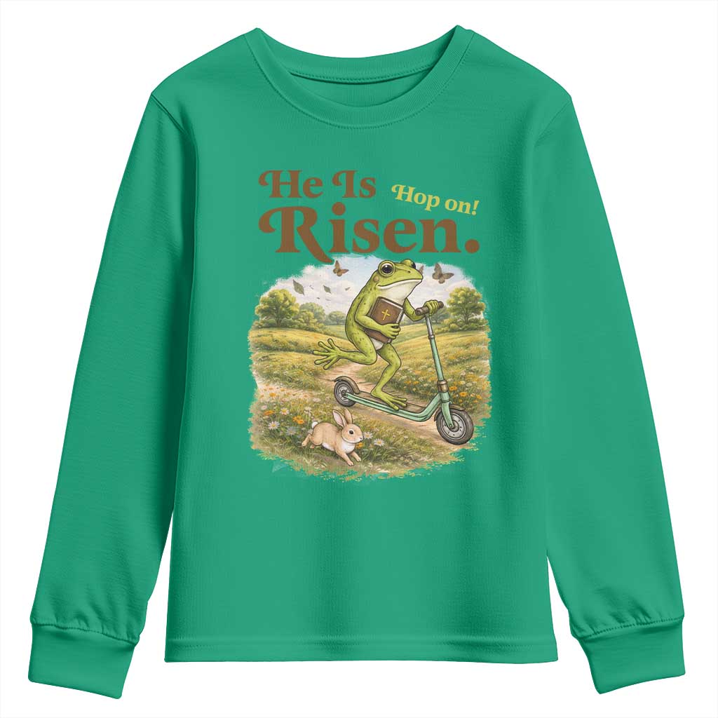 He Is Risen Hop On Youth Sweatshirt Christian Easter Frog TS14 Irish Green Print Your Wear