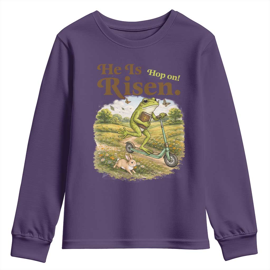 He Is Risen Hop On Youth Sweatshirt Christian Easter Frog TS14 Purple Print Your Wear