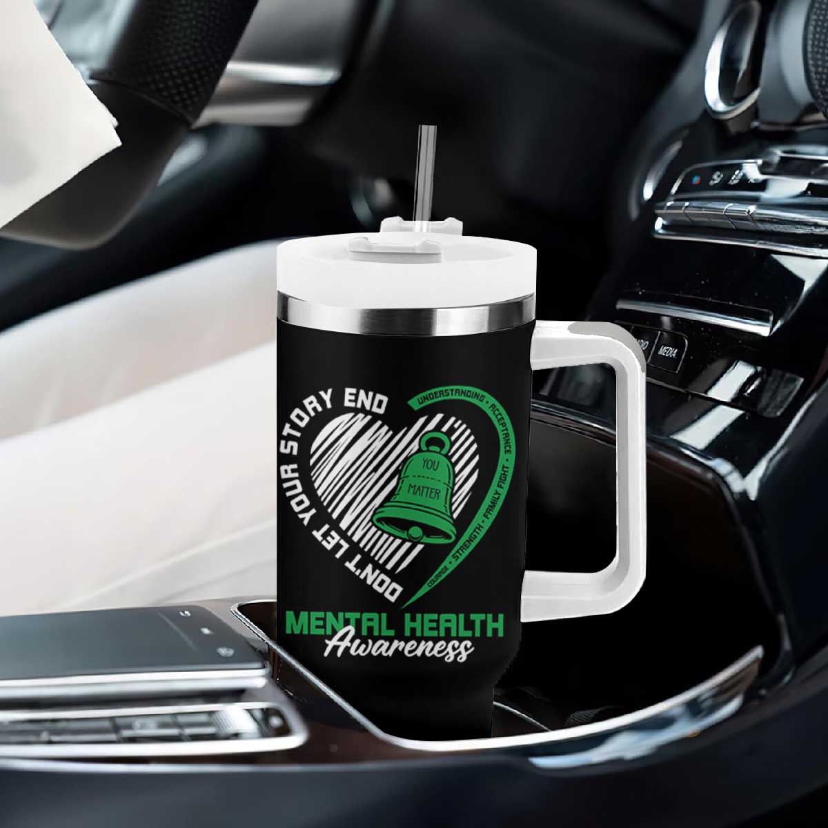 Mental Health Awarenes Tumbler With Handle Green Ribbon Inspirational Psychologist Therapist TS14 Print Your Wear