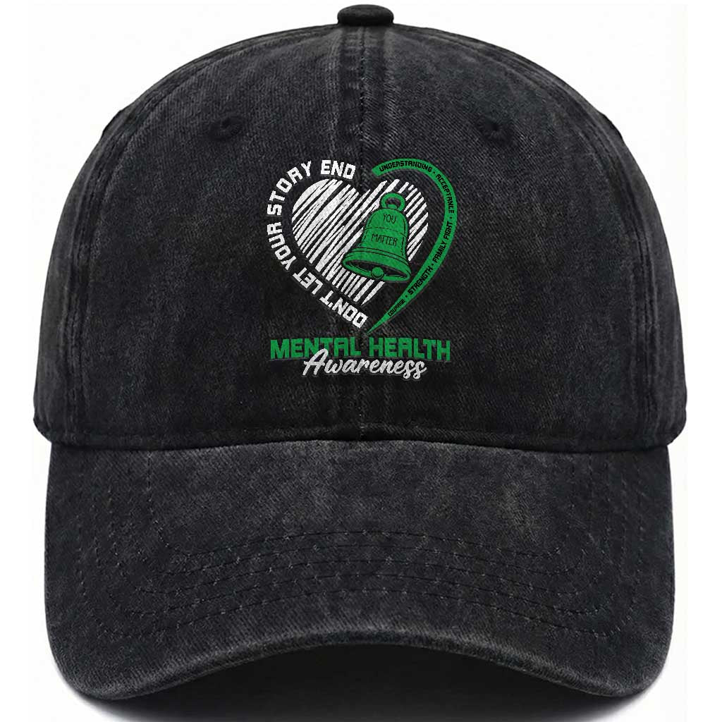 Mental Health Awarenes Washed Cotton Baseball Cap Green Ribbon Inspirational Psychologist Therapist TS14 Print Your Wear