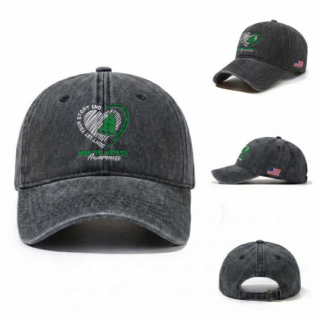 Mental Health Awarenes Washed Cotton Baseball Cap Green Ribbon Inspirational Psychologist Therapist TS14 Washed Cap Universal Fit Dark Gray Print Your Wear