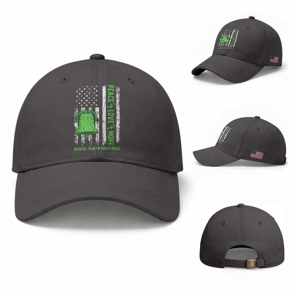 Mental Health Awarenes Baseball Cap Peace Love Hope Green Ribbon TS14 Baseball Cap Universal Fit Dark Gray Print Your Wear