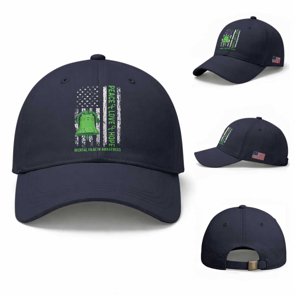 Mental Health Awarenes Baseball Cap Peace Love Hope Green Ribbon TS14 Baseball Cap Universal Fit Navy Print Your Wear