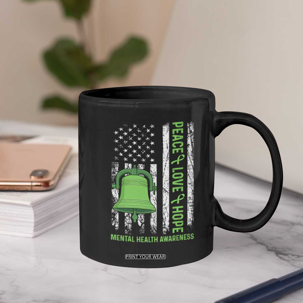 Mental Health Awarenes Coffee Mug Peace Love Hope Green Ribbon TS14 Print Your Wear