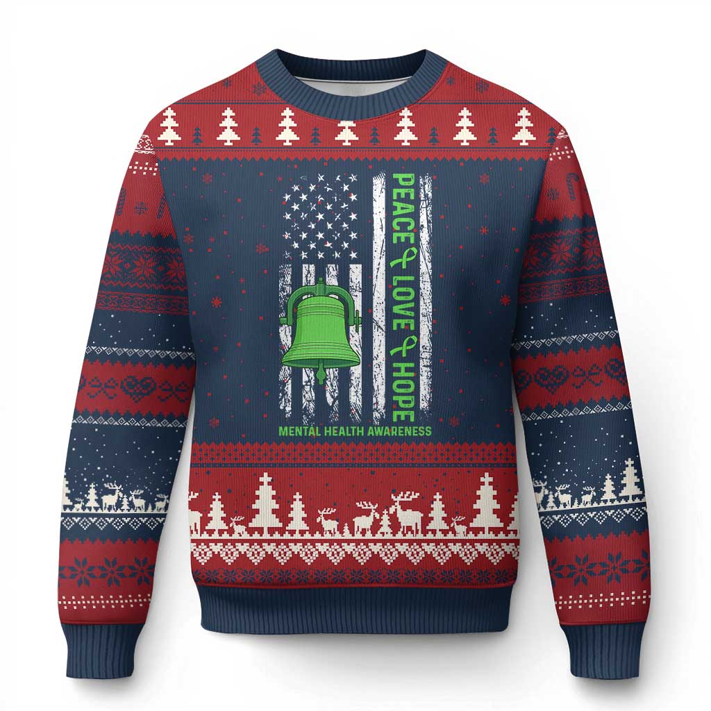 Mental Health Awarenes Ugly Christmas Sweater Peace Love Hope Green Ribbon TS14 Navy Red Print Your Wear