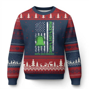 Mental Health Awarenes Ugly Christmas Sweater Peace Love Hope Green Ribbon TS14 Navy Red Print Your Wear