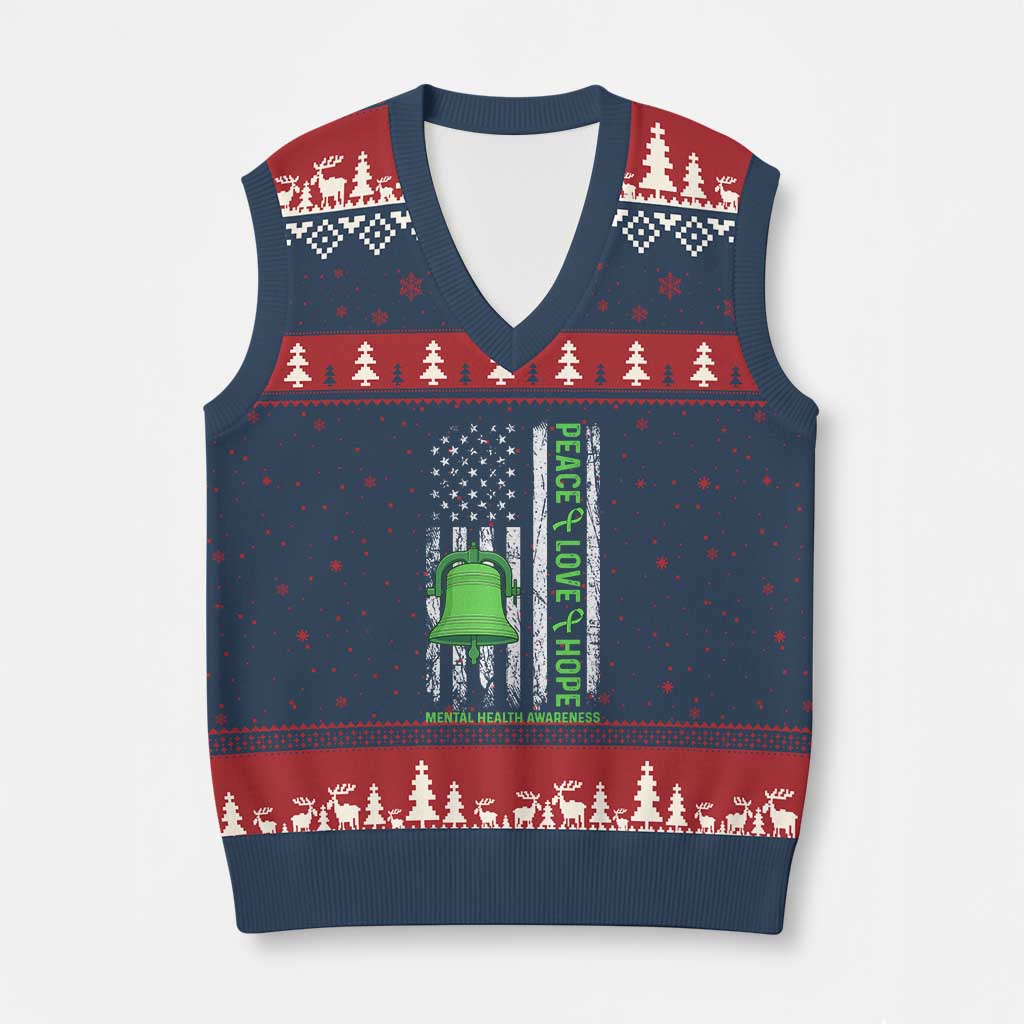 Mental Health Awarenes V-Neck Knit Sweater Vest Peace Love Hope Green Ribbon TS14 Navy Red Print Your Wear