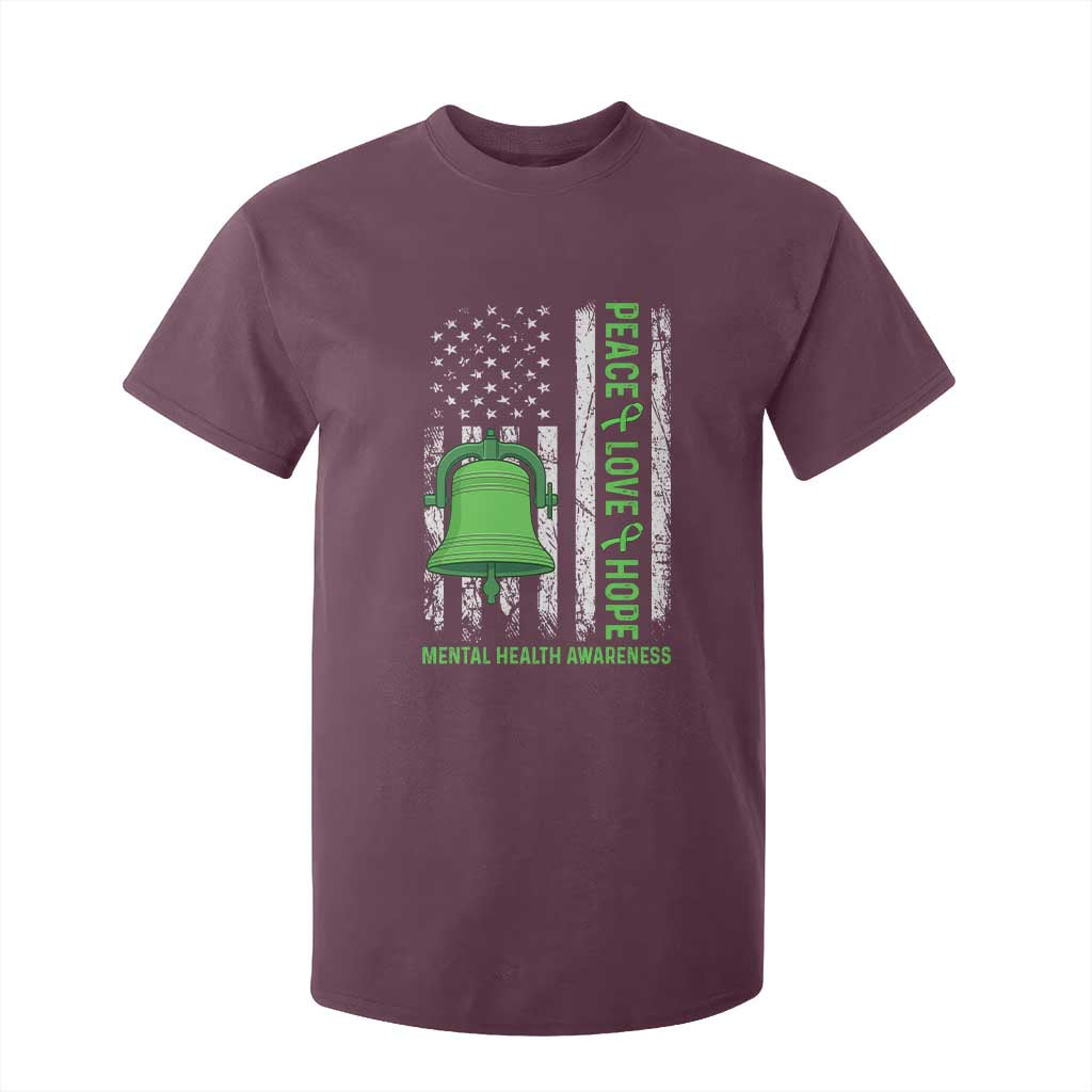 Mental Health Awarenes T Shirt For Kid Peace Love Hope Green Ribbon TS14 Maroon Print Your Wear