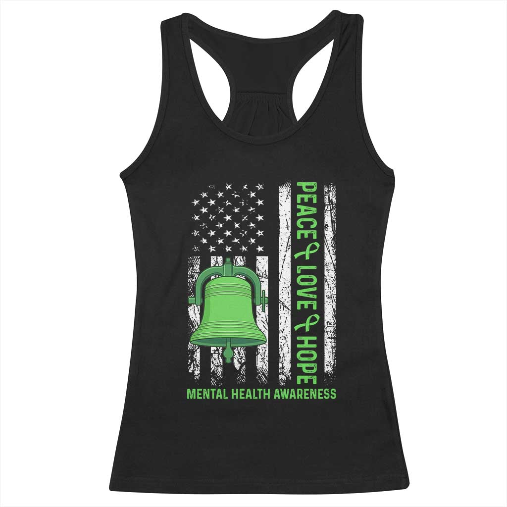Mental Health Awarenes Racerback Tank Top Peace Love Hope Green Ribbon TS14 Black Print Your Wear
