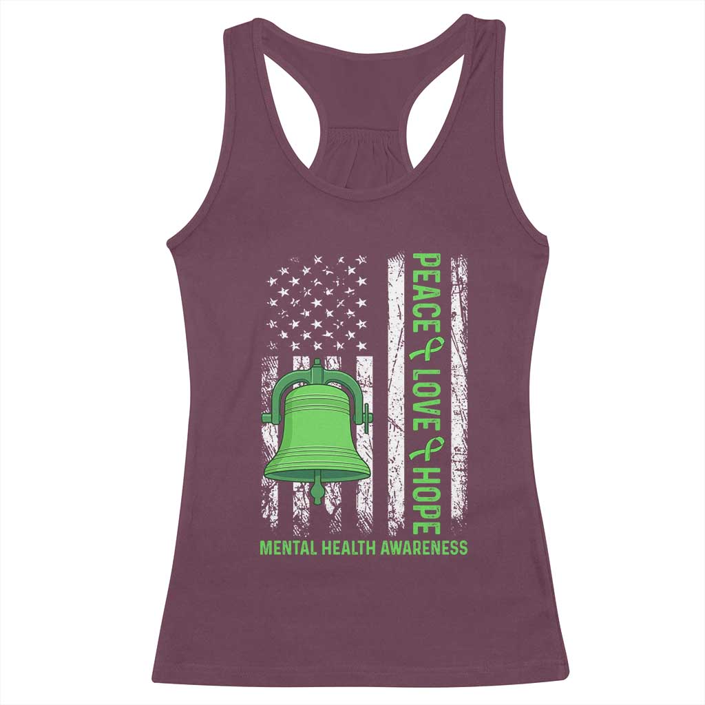 Mental Health Awarenes Racerback Tank Top Peace Love Hope Green Ribbon TS14 Maroon Print Your Wear
