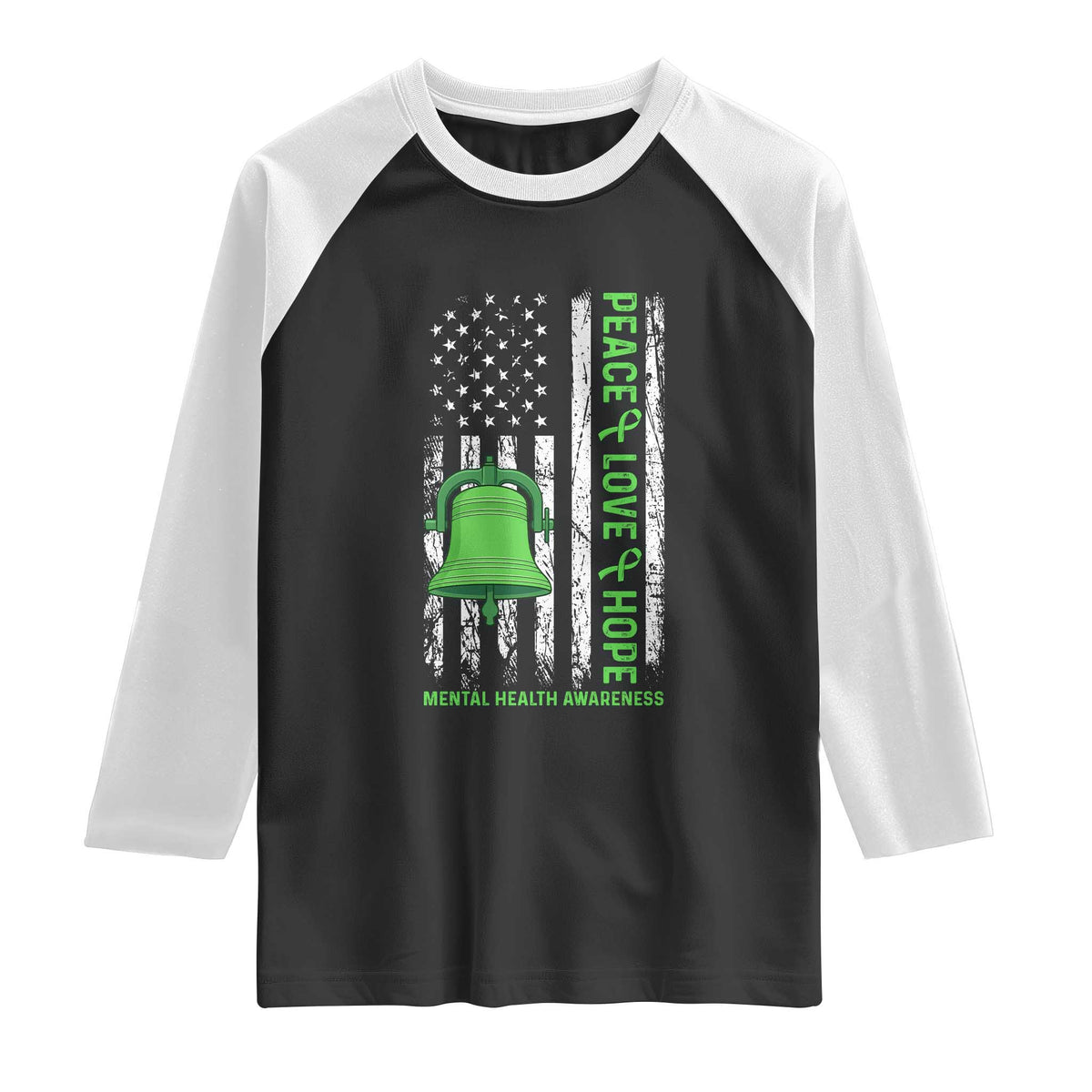 Mental Health Awarenes Raglan Shirt Peace Love Hope Green Ribbon TS14 Black White Print Your Wear