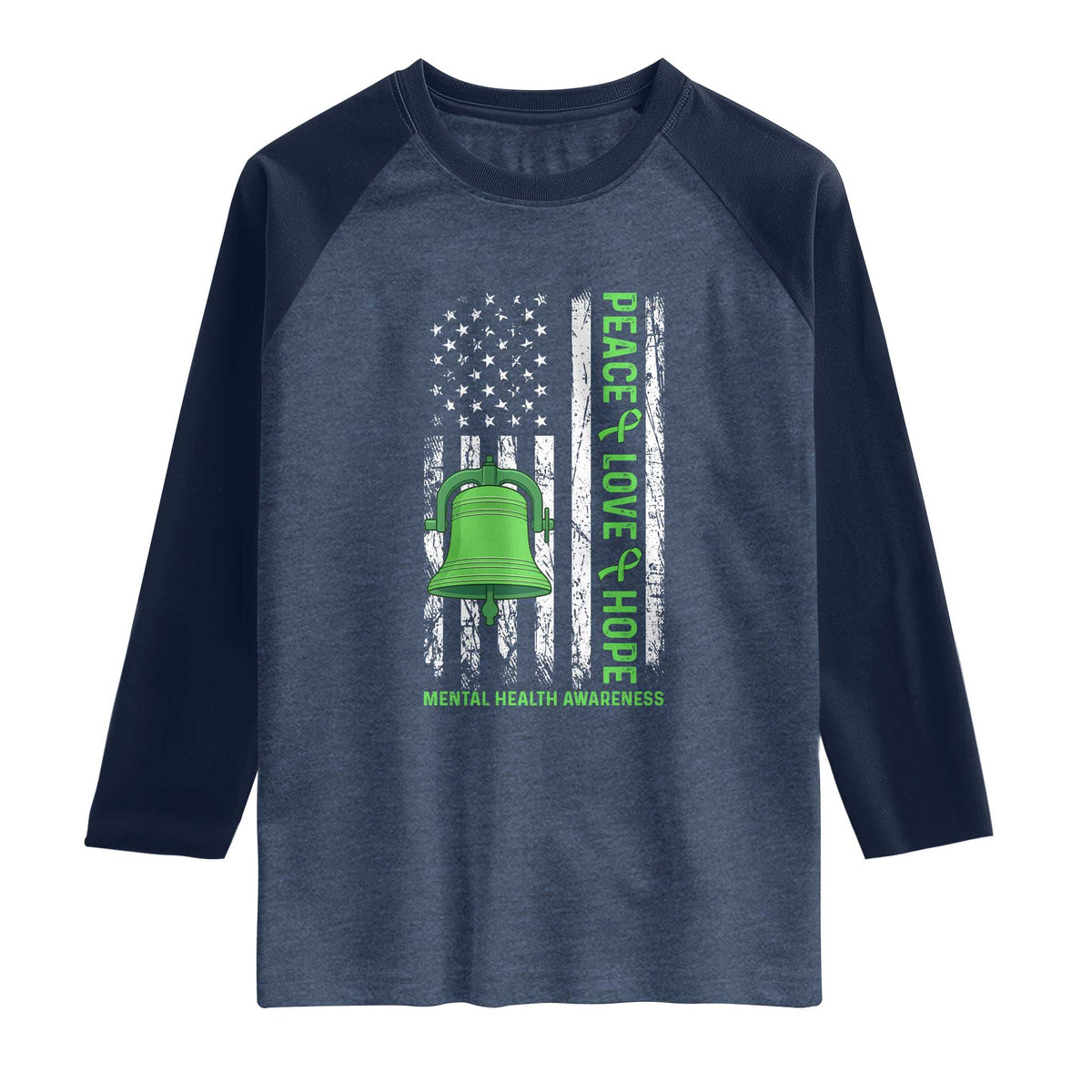 Mental Health Awarenes Raglan Shirt Peace Love Hope Green Ribbon TS14 Heather Denim Navy Print Your Wear
