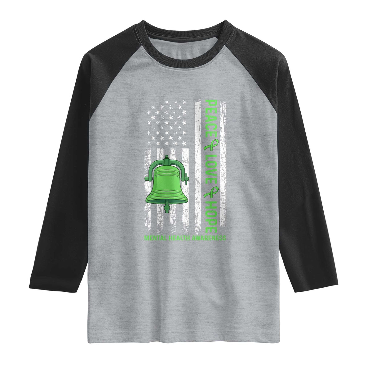Mental Health Awarenes Raglan Shirt Peace Love Hope Green Ribbon TS14 Heather Gray Black Print Your Wear