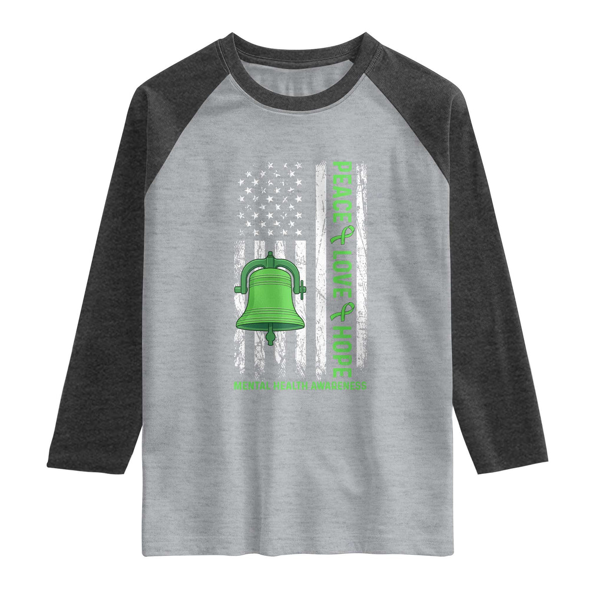 Mental Health Awarenes Raglan Shirt Peace Love Hope Green Ribbon TS14 Heather Gray Heather Charcoal Print Your Wear