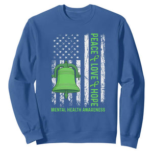 Mental Health Awarenes Sweatshirt Peace Love Hope Green Ribbon TS14 Royal Blue Print Your Wear