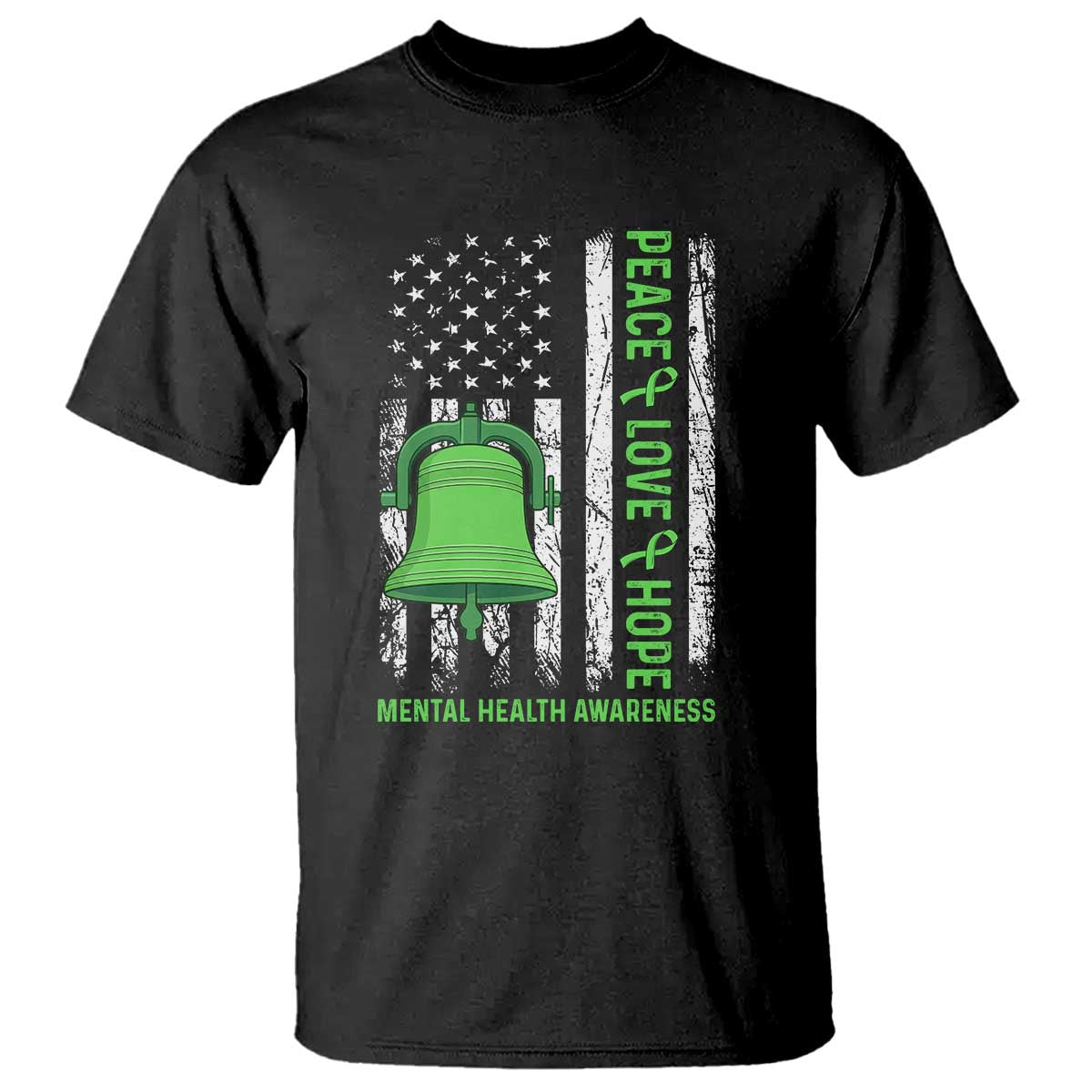 Mental Health Awarenes T Shirt Peace Love Hope Green Ribbon TS14 Black Print Your Wear