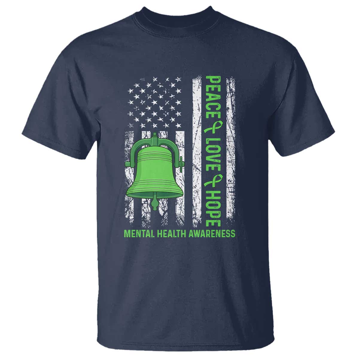 Mental Health Awarenes T Shirt Peace Love Hope Green Ribbon TS14 Navy Print Your Wear