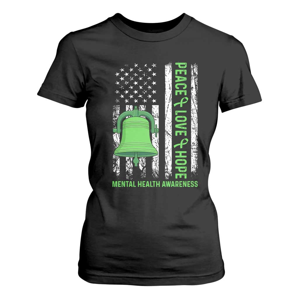 Mental Health Awarenes T Shirt For Women Peace Love Hope Green Ribbon TS14 Black Print Your Wear