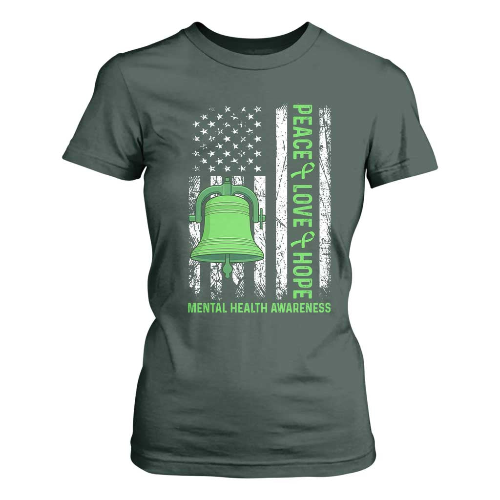 Mental Health Awarenes T Shirt For Women Peace Love Hope Green Ribbon TS14 Dark Forest Green Print Your Wear