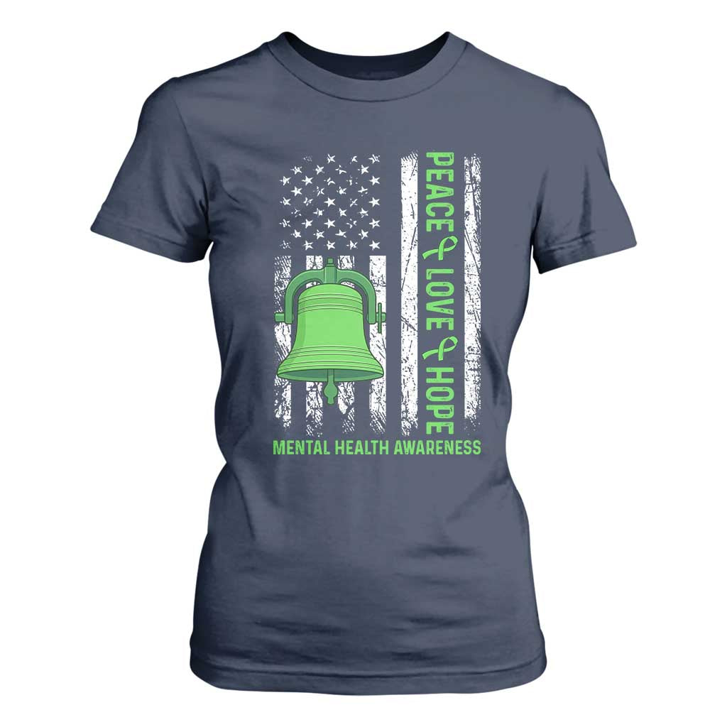 Mental Health Awarenes T Shirt For Women Peace Love Hope Green Ribbon TS14 Navy Print Your Wear