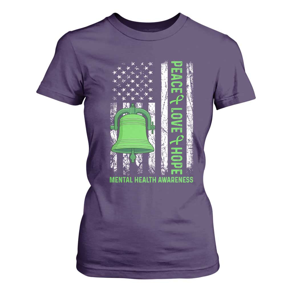 Mental Health Awarenes T Shirt For Women Peace Love Hope Green Ribbon TS14 Purple Print Your Wear