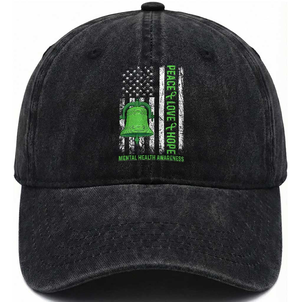 Mental Health Awarenes Washed Cotton Baseball Cap Peace Love Hope Green Ribbon TS14 Print Your Wear