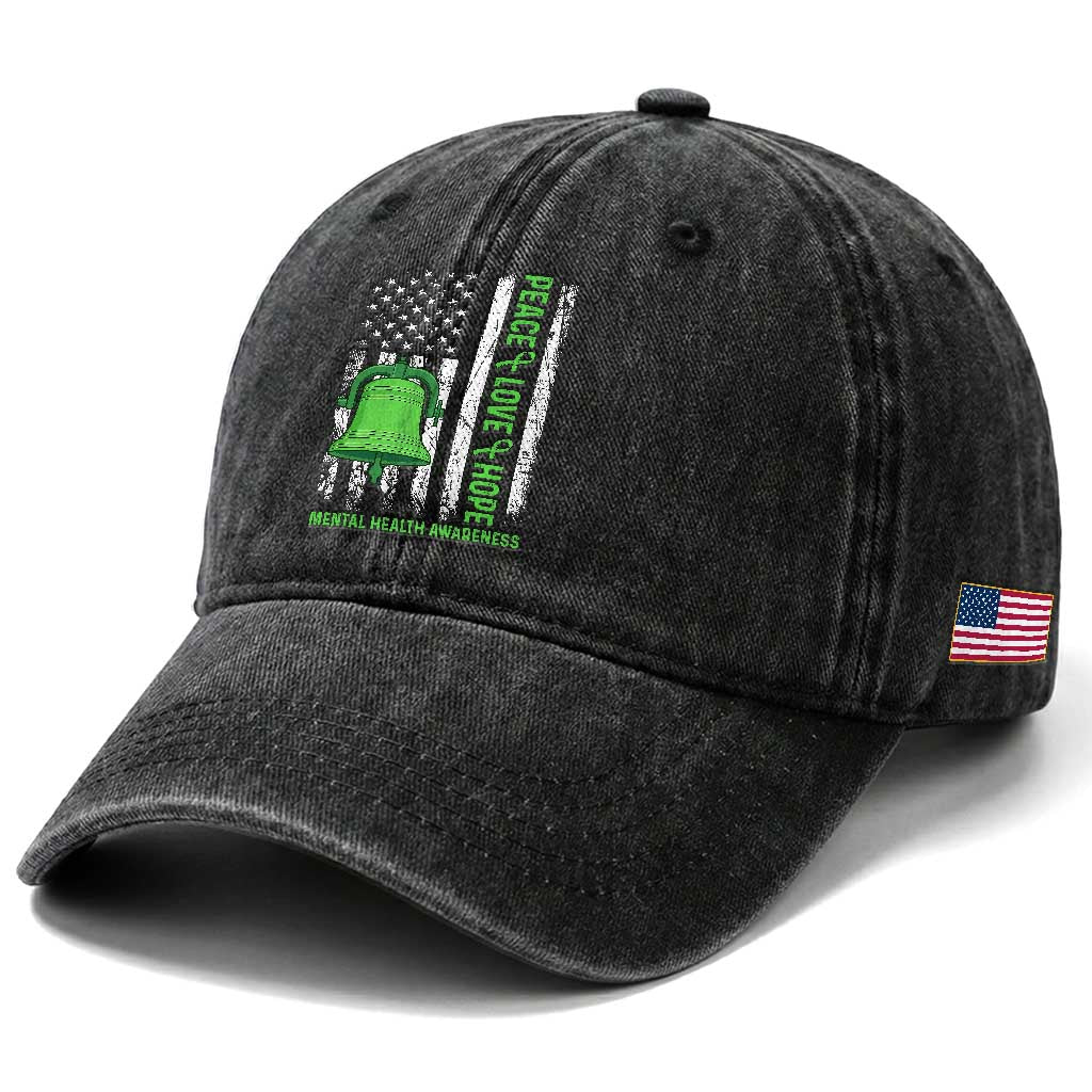 Mental Health Awarenes Washed Cotton Baseball Cap Peace Love Hope Green Ribbon TS14 Print Your Wear
