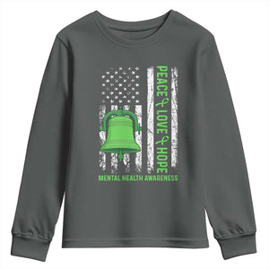 Mental Health Awarenes Youth Sweatshirt Peace Love Hope Green Ribbon TS14 Dark Heather Print Your Wear
