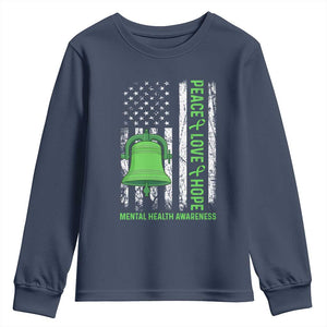 Mental Health Awarenes Youth Sweatshirt Peace Love Hope Green Ribbon TS14 Navy Print Your Wear