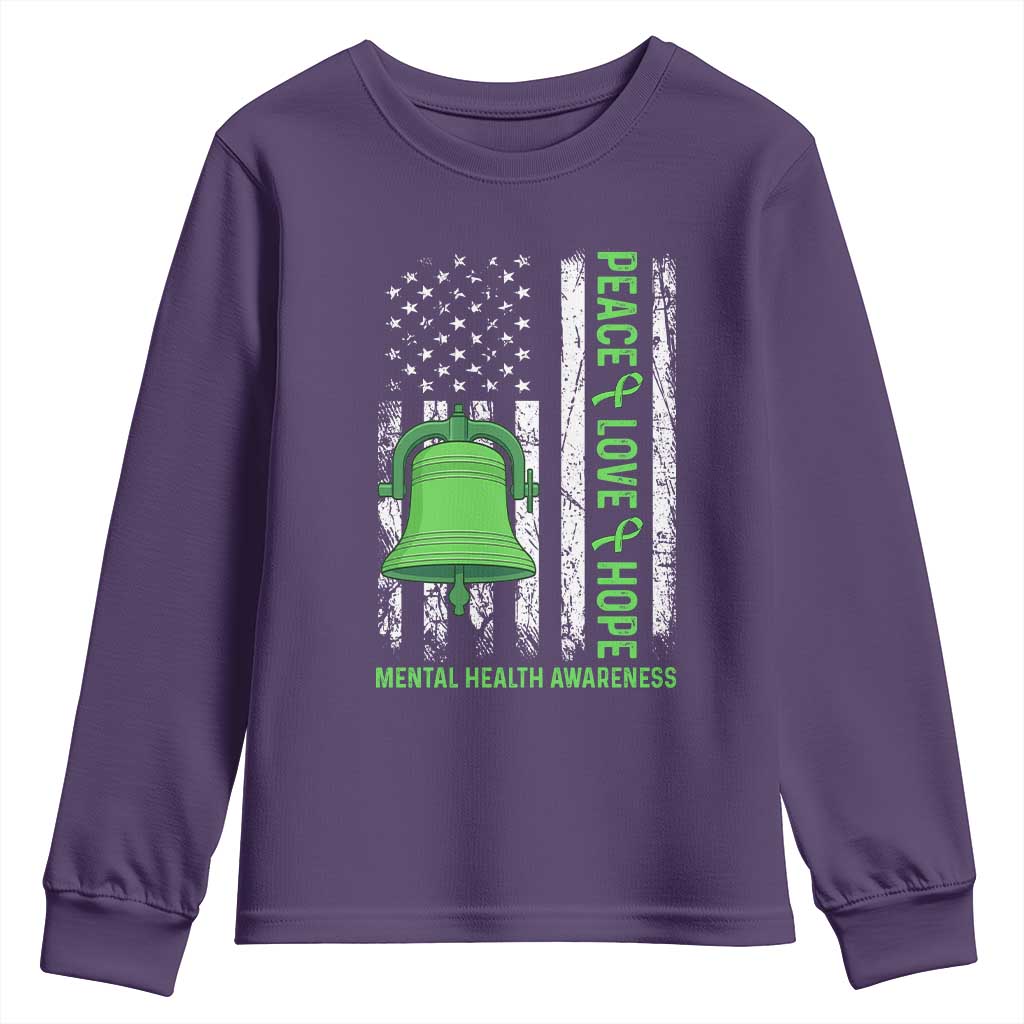 Mental Health Awarenes Youth Sweatshirt Peace Love Hope Green Ribbon TS14 Purple Print Your Wear