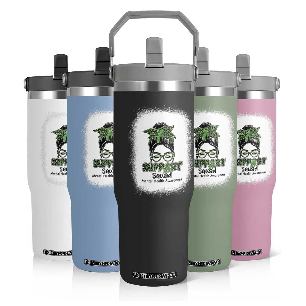 Mental Health Awarenes Flip Straw Tumbler Messy Bun Green Ribbon Support TS14 Print Your Wear