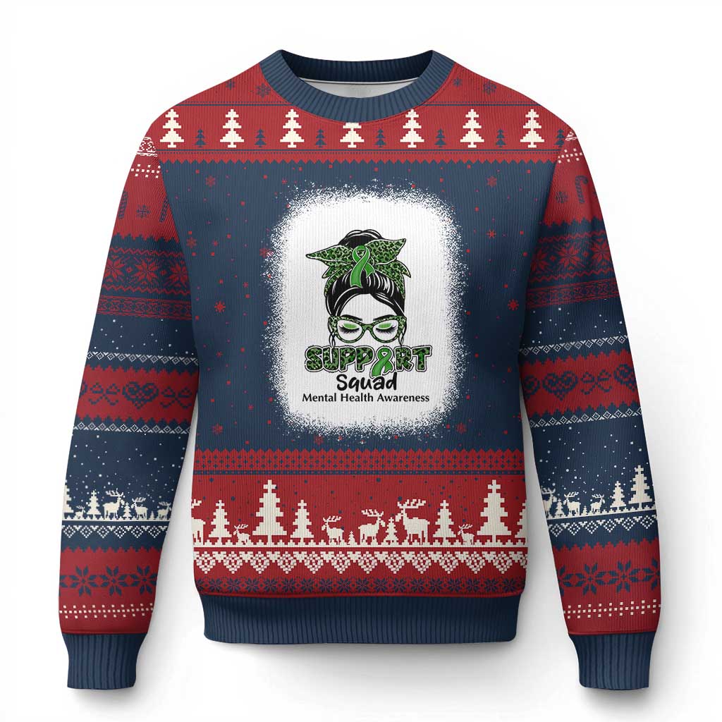 Mental Health Awarenes Ugly Christmas Sweater Messy Bun Green Ribbon Support TS14 Navy Red Print Your Wear