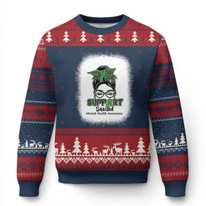 Mental Health Awarenes Ugly Christmas Sweater Messy Bun Green Ribbon Support TS14 Navy Red Print Your Wear