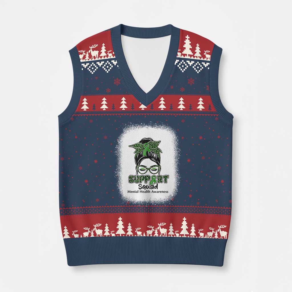 Mental Health Awarenes V-Neck Knit Sweater Vest Messy Bun Green Ribbon Support TS14 Navy Red Print Your Wear