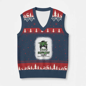 Mental Health Awarenes V-Neck Knit Sweater Vest Messy Bun Green Ribbon Support TS14 Navy Red Print Your Wear