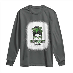Mental Health Awarenes Long Sleeve Shirt Messy Bun Green Ribbon Support TS14 Dark Heather Print Your Wear