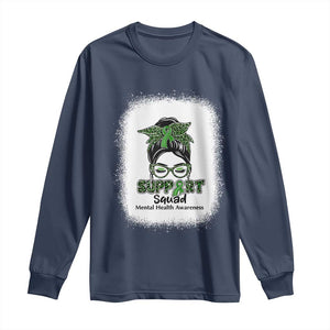 Mental Health Awarenes Long Sleeve Shirt Messy Bun Green Ribbon Support TS14 Navy Print Your Wear