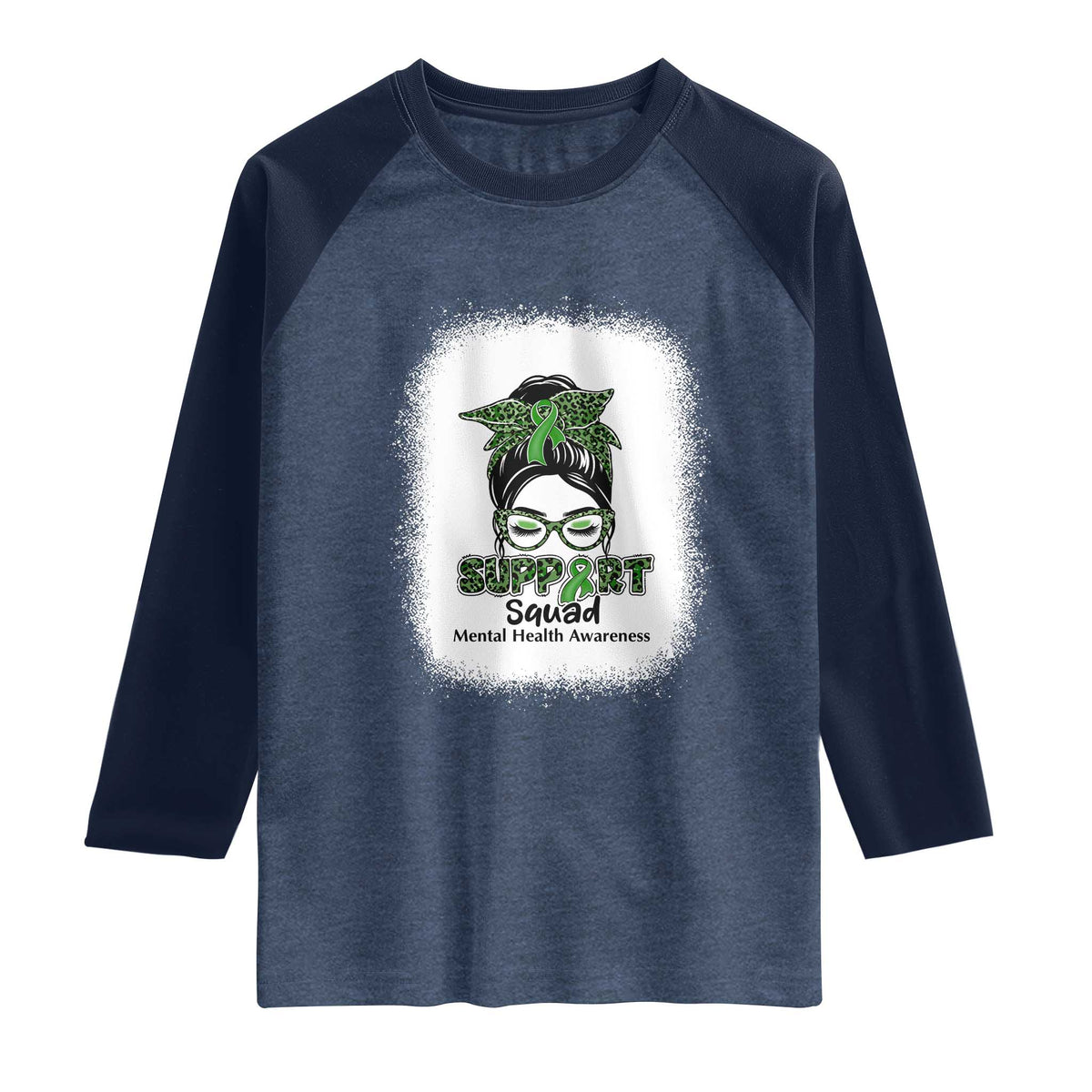 Mental Health Awarenes Raglan Shirt Messy Bun Green Ribbon Support TS14 Heather Denim Navy Print Your Wear