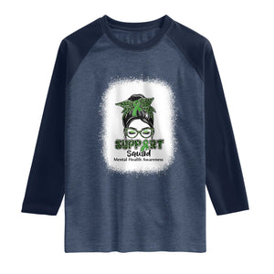 Mental Health Awarenes Raglan Shirt Messy Bun Green Ribbon Support TS14 Heather Denim Navy Print Your Wear
